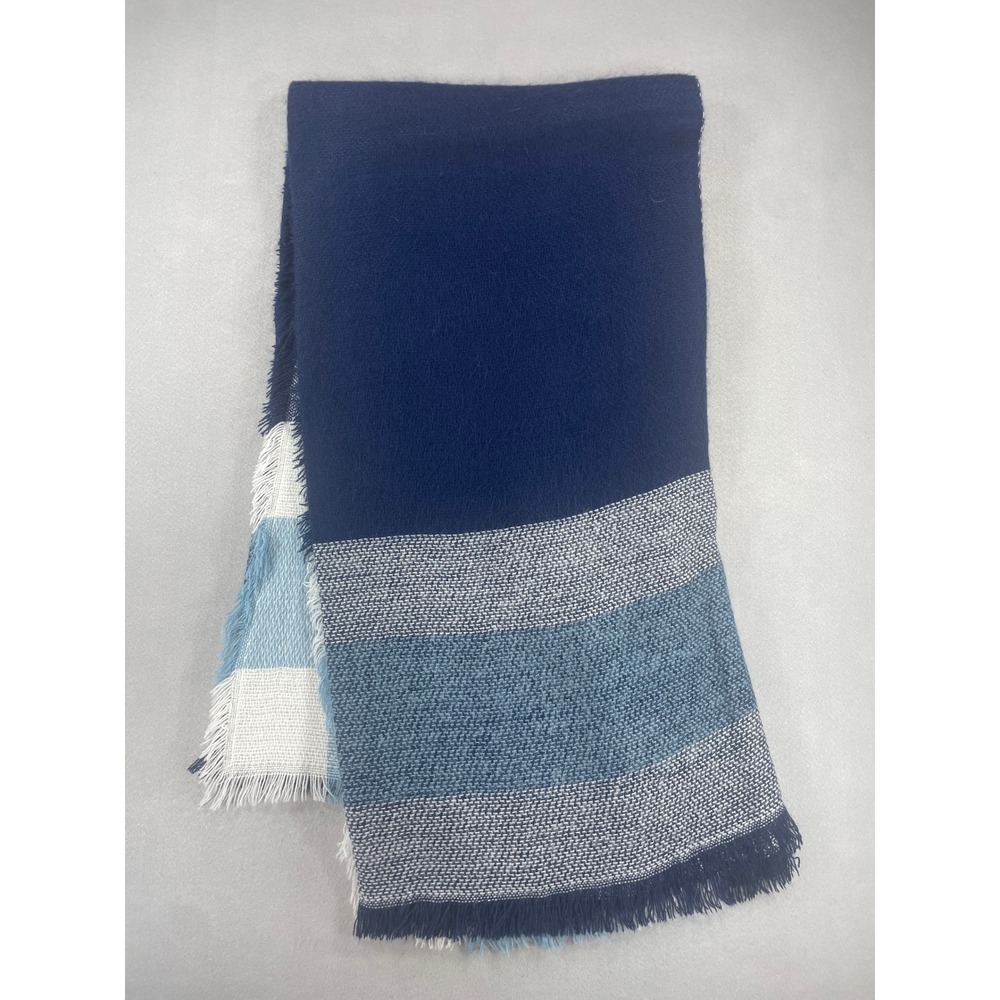Yusoyu‎ Womens Blue Color Block Oversized Wrap Scarf Fringed Navy Cream